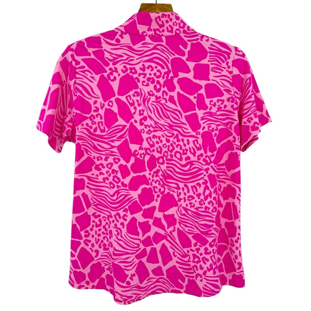 Ibkul Bianca Pink Animal Print Short Sleeve Quarter Zip Mock Neck Size L - Picture 3 of 7